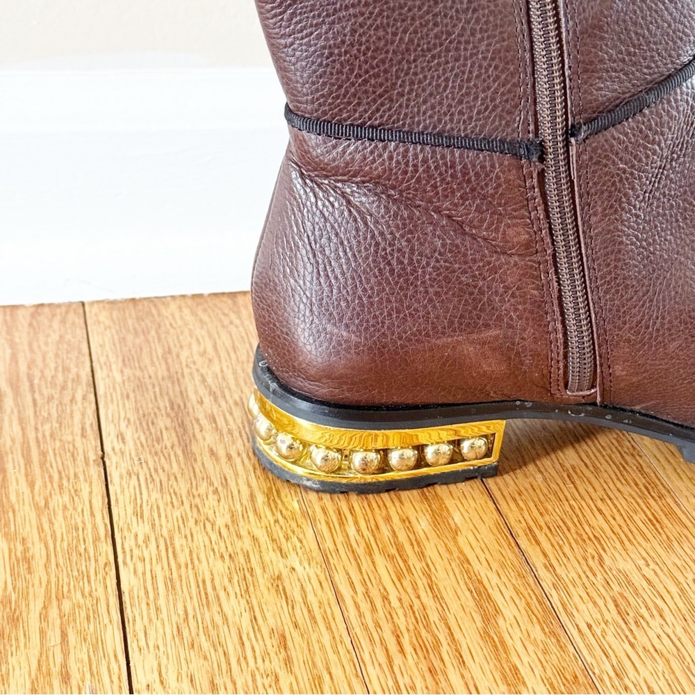 KARL LAGERFELD Seine Metal Pearl Embellished Knee-High Leather Boots Brown 8 - Picture 6 of 14